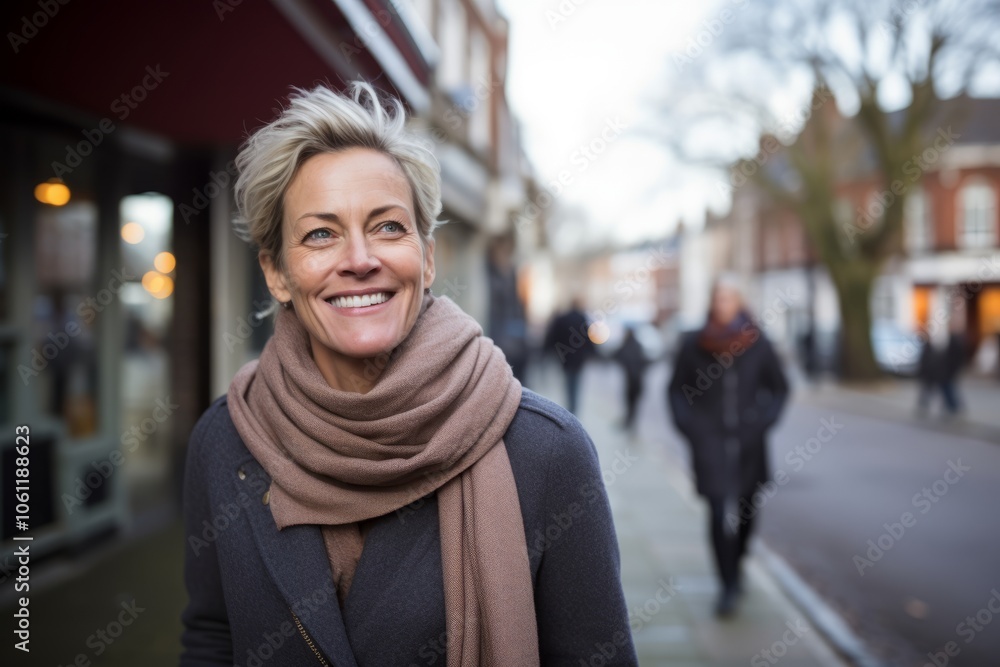 Portrait of smiling middle-aged woman in coat and scarf walking on city street Portrait of smiling middle-aged woman in coat and scarf walking on city street