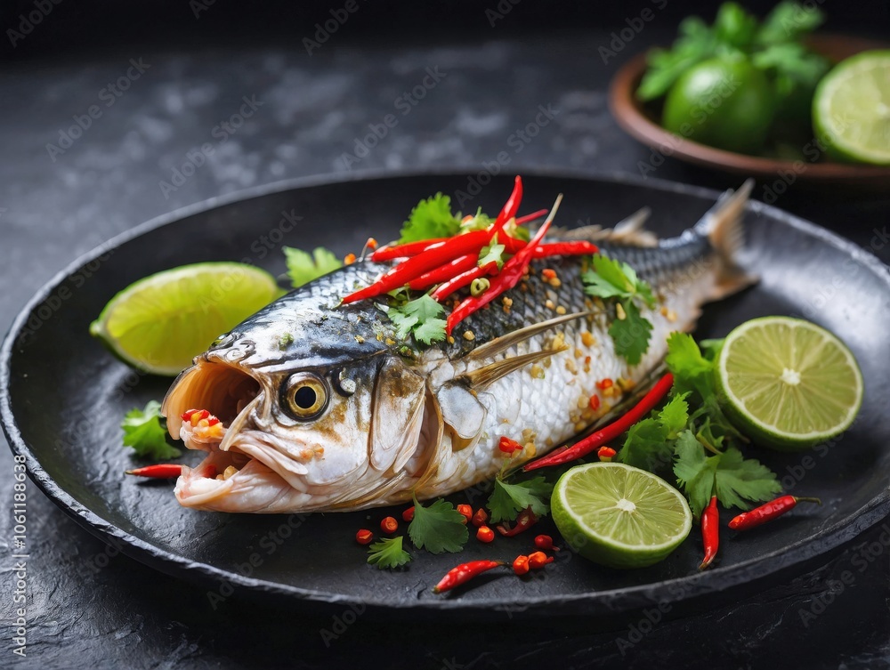 Steamed Fish on Dark Slate with Lime and Chili