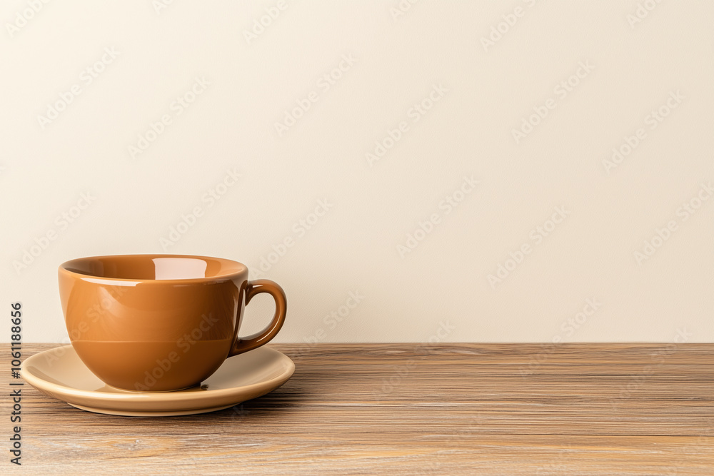Elegant Coffee Table Composition Featuring Light Brown Cups and Saucer Set on a Natural Wooden Surface, Emphasizing Monochromatic Tones for a Cozy and Welcoming Environment Elegant Coffee Table Composition Featuring Light Brown Cups and Saucer Set on a Natural Wooden Surface, Emphasizing Monochromatic Tones for a Cozy and Welcoming Environment