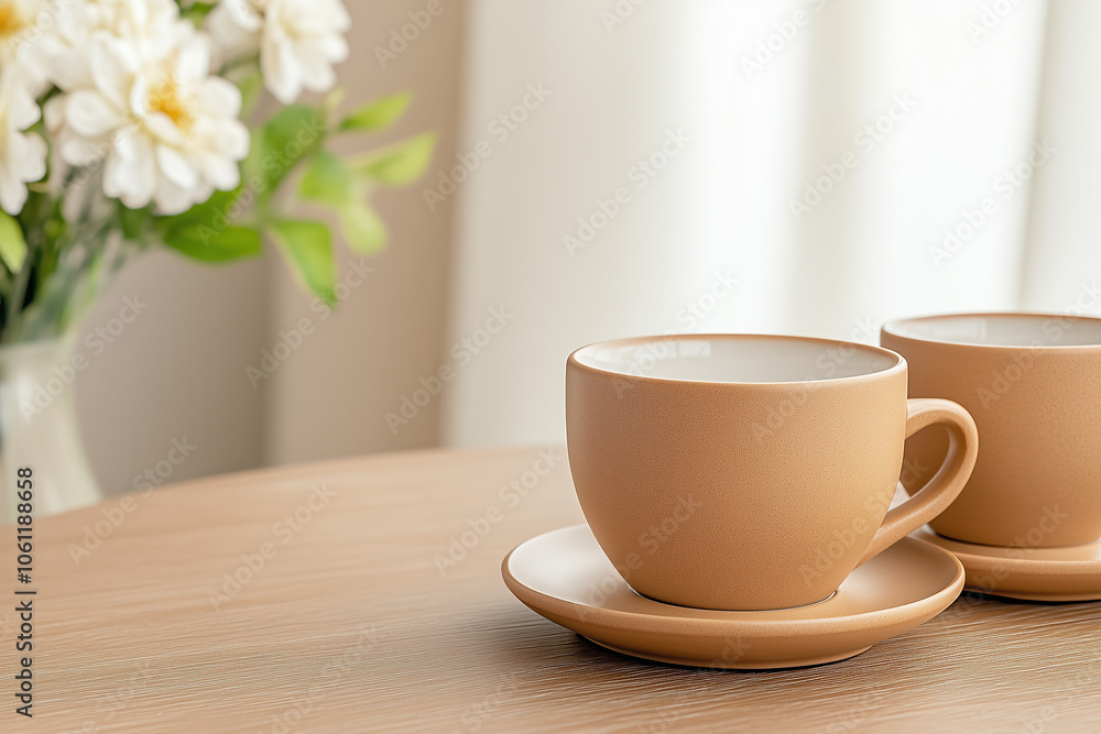 Inviting Coffee Table Scene with Beautiful Light Brown Cups and Saucer Display on a Sturdy Wooden Table, Showcasing Monochromatic Tones to Create a Warm and Relaxed Ambiance Inviting Coffee Table Scene with Beautiful Light Brown Cups and Saucer Display on a Sturdy Wooden Table, Showcasing Monochromatic Tones to Create a Warm and Relaxed Ambiance