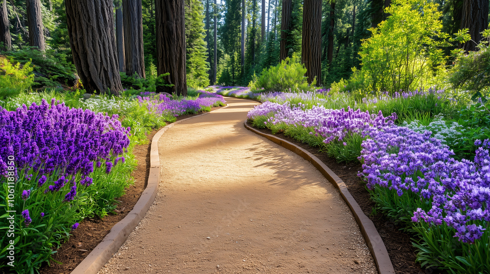 Obraz premium Inviting Nature Trail with Saddle Brown Pathways, Vibrant Lavender Wildflowers, and Lush Green Trees Creating a Harmonious Scene in Triadic Colors