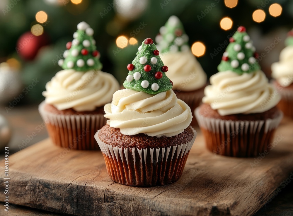 Festive Christmas cupcakes topped with cream cheese frosting, decorated with edible Christmas tree toppers and sprinkles, creating a delightful holiday treat. Festive Christmas cupcakes topped with cream cheese frosting, decorated with edible Christmas tree toppers and sprinkles, creating a delightful holiday treat.