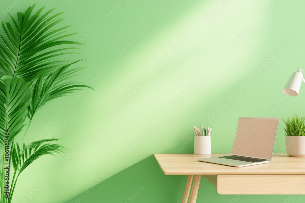 Serene Home Office with Pine Grove-Colored Walls and Light Green Furniture Bathed in Natural Light for Enhanced Productivity Serene Home Office with Pine Grove-Colored Walls and Light Green Furniture Bathed in Natural Light for Enhanced Productivity