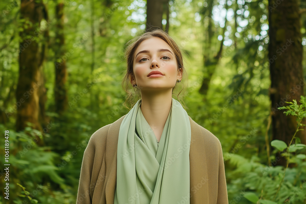 Chic Fashion Model Showcasing a Pine Grove Coat and Light Green Scarf Surrounded by Lush Trees in a Serene Outdoor Environment Chic Fashion Model Showcasing a Pine Grove Coat and Light Green Scarf Surrounded by Lush Trees in a Serene Outdoor Environment