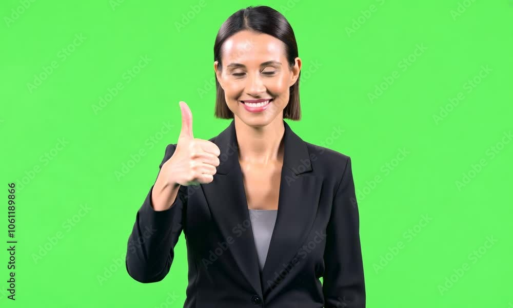 businesswoman giving a thumbs-up gesture isolate on green screen background businesswoman giving a thumbs-up gesture isolate on green screen background
