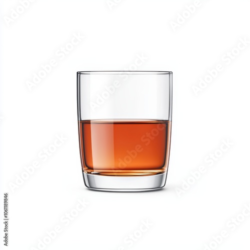 A glass of amber whiskey on a white isolated background.