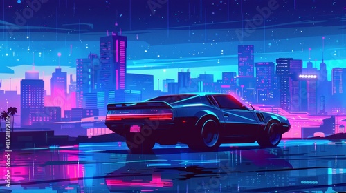 vintage sports car in a futuristic cyberpunk city.