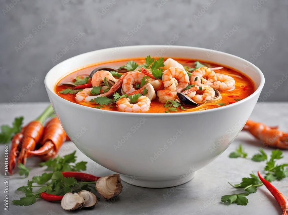 Tom Yum Goong in White Bowl on Light Background Tom Yum Goong in White Bowl on Light Background