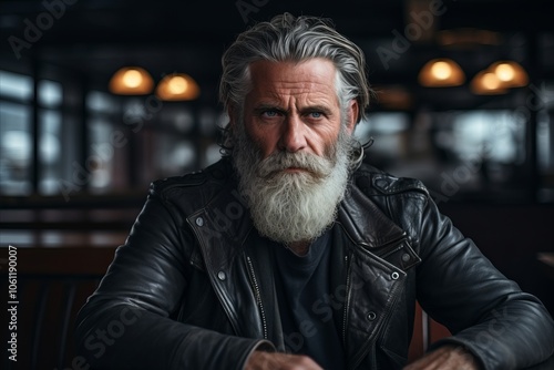 Portrait of a handsome senior man with gray beard and mustache wearing leather jacket sitting in a cafe.