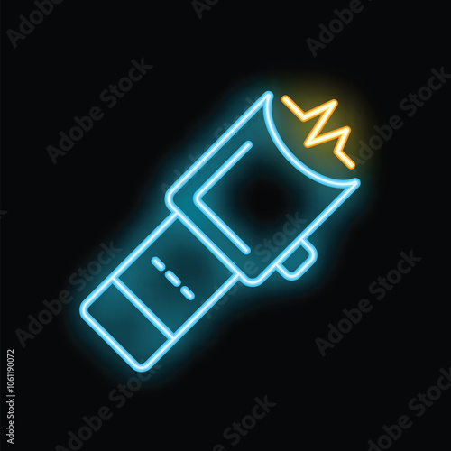 Blue neon icon of a taser gun glowing on a black background