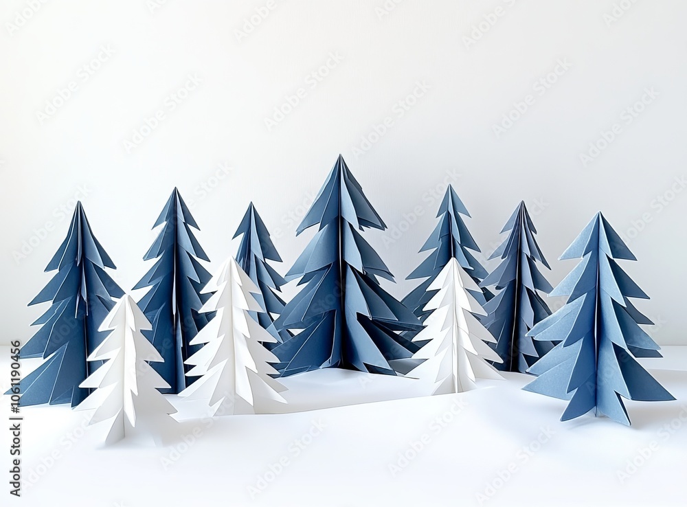 A variety of paper-crafted evergreen trees are arranged on a White background. A variety of paper-crafted evergreen trees are arranged on a White background.