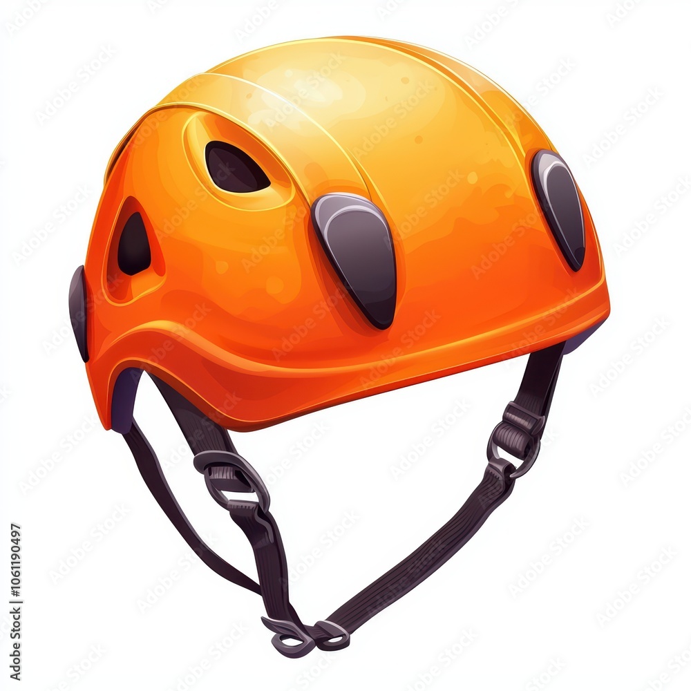 Bright orange climbing helmet with adjustable straps, isolated on a white background. Bright orange climbing helmet with adjustable straps, isolated on a white background.