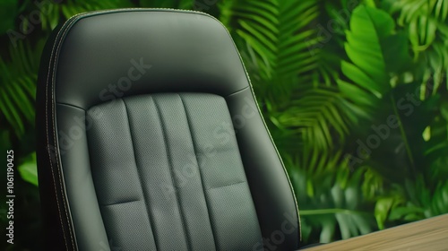 Black office chair against vibrant green tropical background, ideal for modern workspaces.