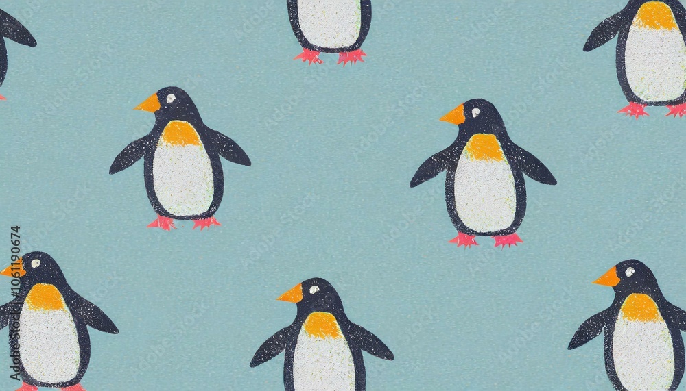 Whimsical Penguin Pattern on Blue Background Whimsical Penguin Pattern on Blue Background