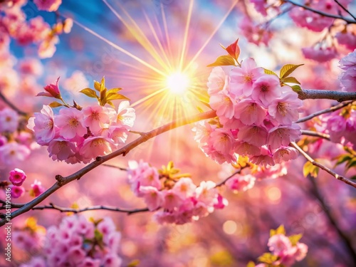 Enchanting Tilt-Shift Sakura Blossoms Bathed in Radiant Sunshine with Lens Flare Effect