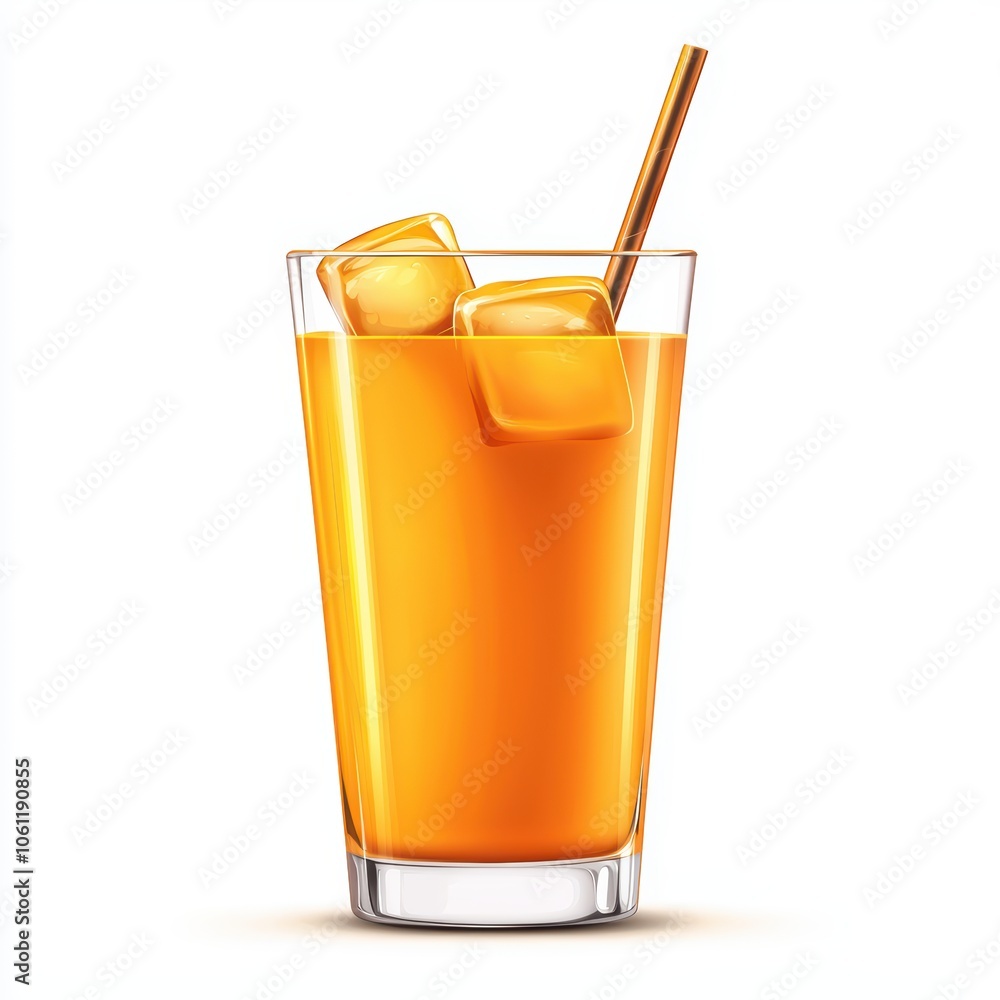 Cold refreshing orange drink with ice cubes and a straw, served in a clear glass, on a white isolated background. Cold refreshing orange drink with ice cubes and a straw, served in a clear glass, on a white isolated background.