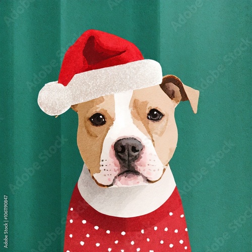 Festive Dog in Santa Hat and Sweater