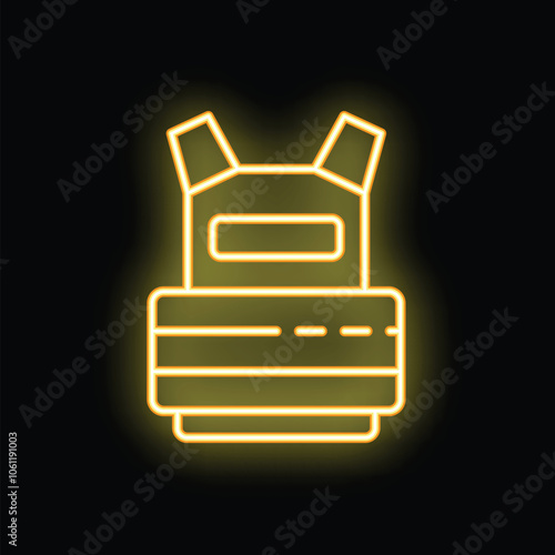 Yellow neon sign of bulletproof vest glowing on black background