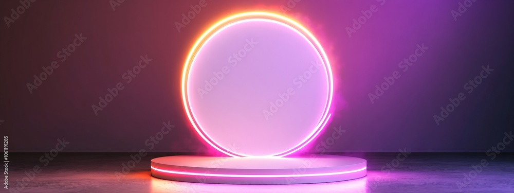 Colorful empty neon podium on dark background. 3D render style. Modern product display. Cyber Monday, Black Friday, 11.11 concept. Futuristic tech platform for product presentation. Mockup for design Colorful empty neon podium on dark background. 3D render style. Modern product display. Cyber Monday, Black Friday, 11.11 concept. Futuristic tech platform for product presentation. Mockup for design