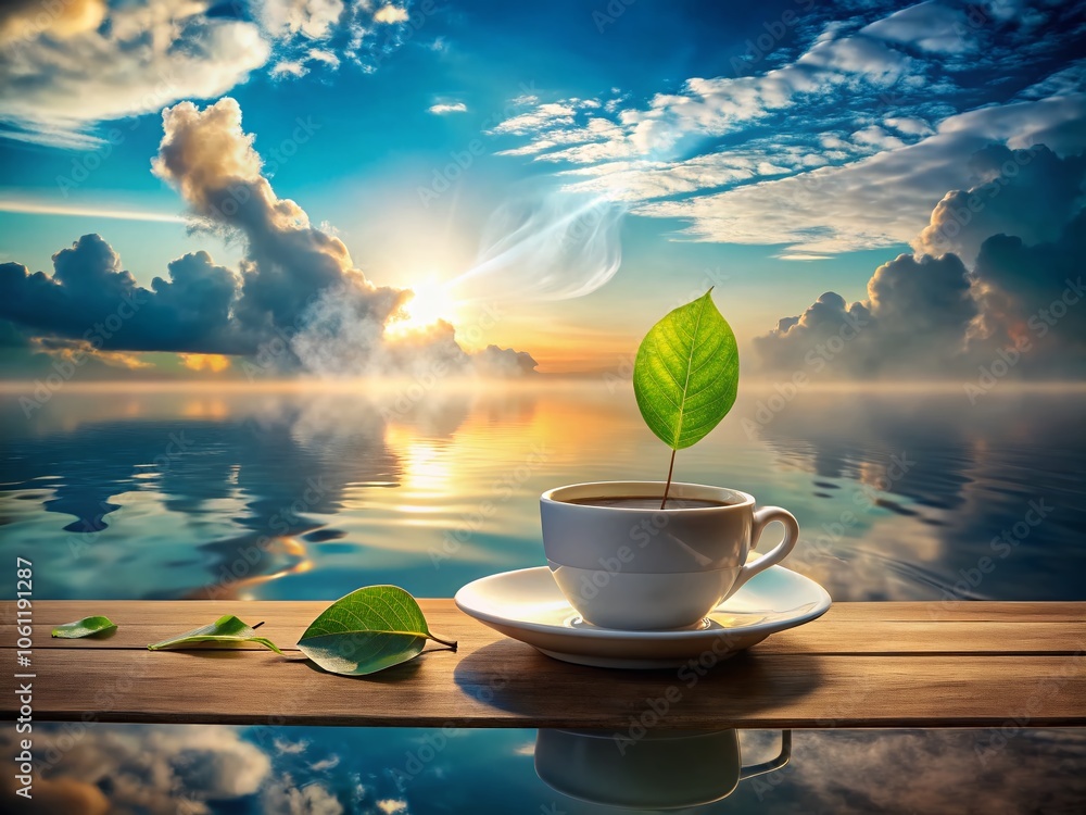 Ethereal Serenity: A Green Leaf and Coffee Above Calm Waters Ethereal Serenity: A Green Leaf and Coffee Above Calm Waters