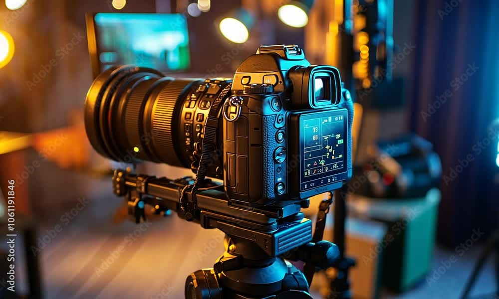 A camera mounted on a tripod, ready for photography in a studio setting.