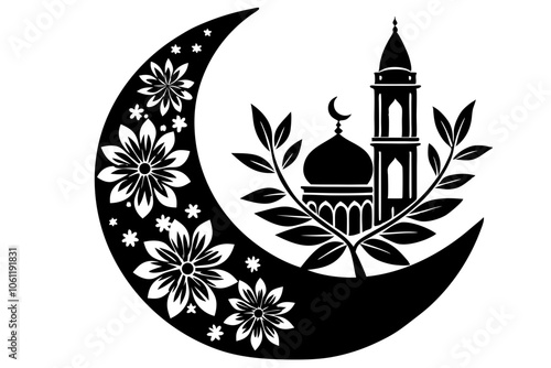 floral moon and mosque silhouette illustration