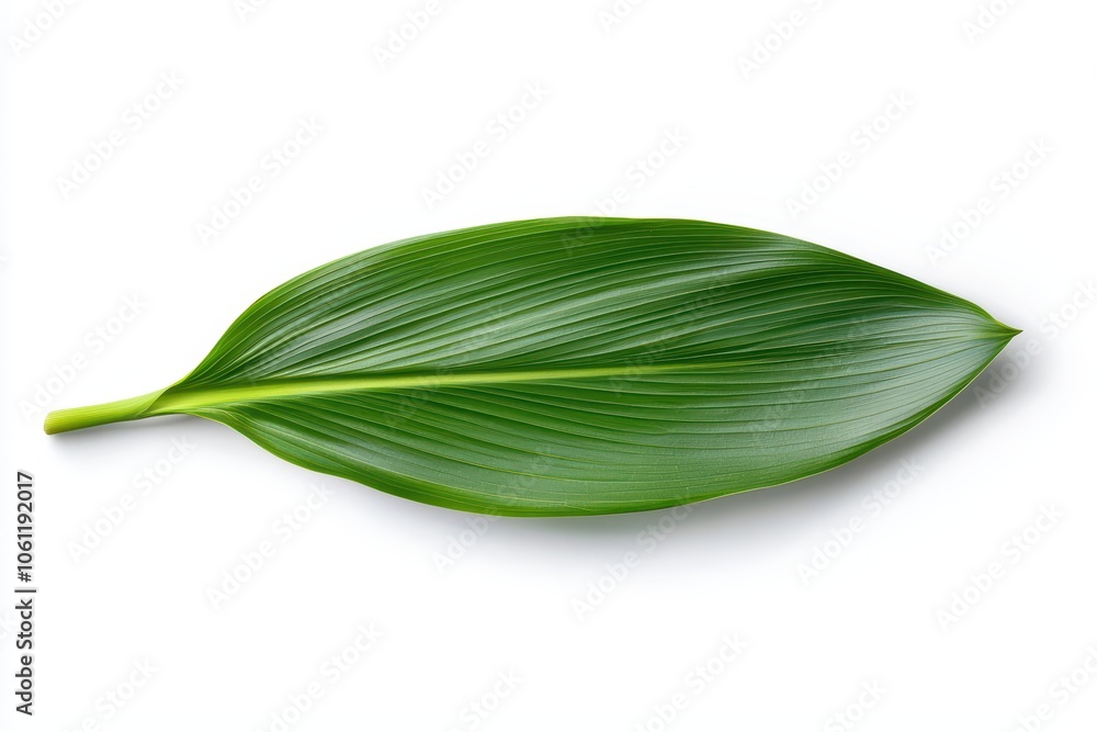 Obraz premium Green leaf on a white isolate background, showcasing intricate textures and vibrant color.