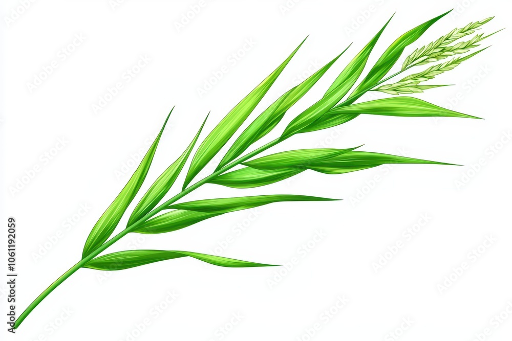 Fototapeta premium Green plant leaf with delicate flowers on white isolated background.