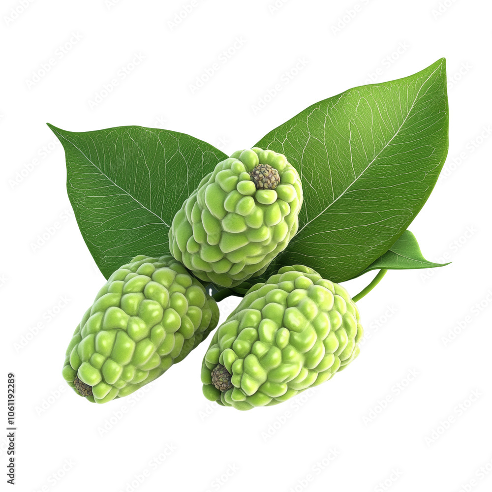 Fototapeta premium Fresh Green Exotic Fruits with Leaves on White Background