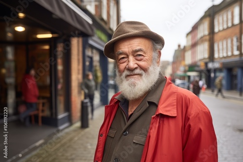 Portrait of a senior man with grey beard wearing a hat and coat on a street in London.