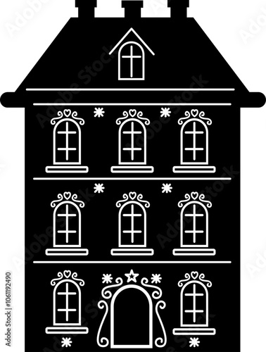 Hand drawn Christmas House Black Vector silhouette  