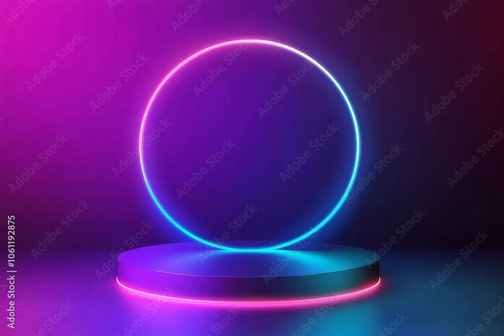 Colorful empty neon podium on dark background. 3D render style. Modern product display. Cyber Monday, Black Friday, 11.11 concept. Futuristic tech platform for product presentation. Mockup for design Colorful empty neon podium on dark background. 3D render style. Modern product display. Cyber Monday, Black Friday, 11.11 concept. Futuristic tech platform for product presentation. Mockup for design