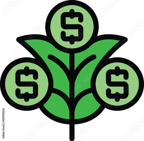 Green plant growing dollar coins symbolizing economic growth, financial success and investment