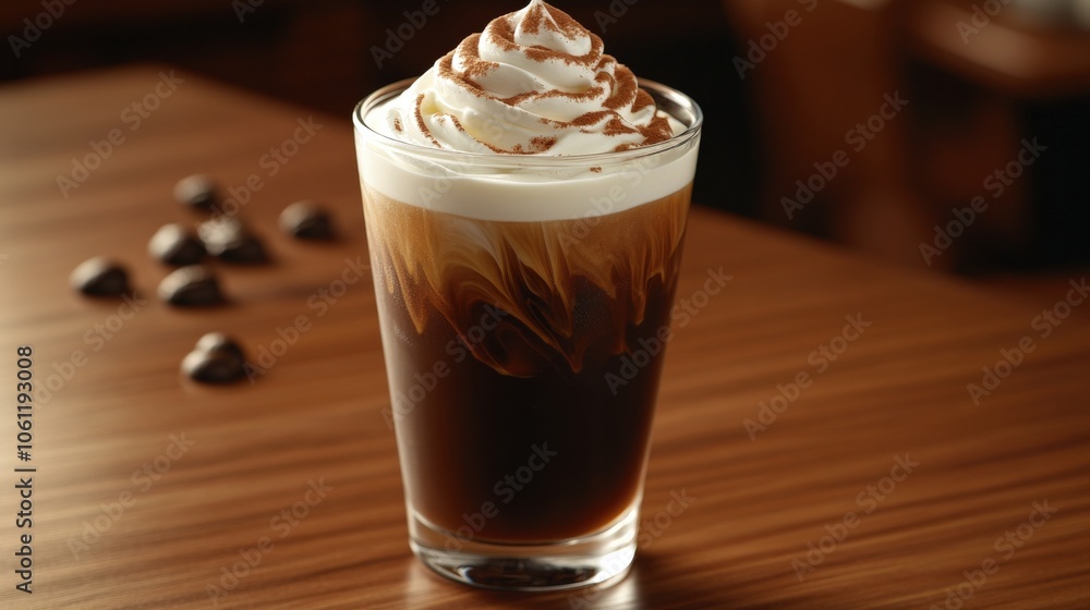 Delicious Iced Mocha Coffee with Whipped Cream and Cocoa Dusting Glass on Wooden Table with Chocolate Balls - Perfect Refreshing Beverage for Café Lovers Delicious Iced Mocha Coffee with Whipped Cream and Cocoa Dusting Glass on Wooden Table with Chocolate Balls - Perfect Refreshing Beverage for Café Lovers