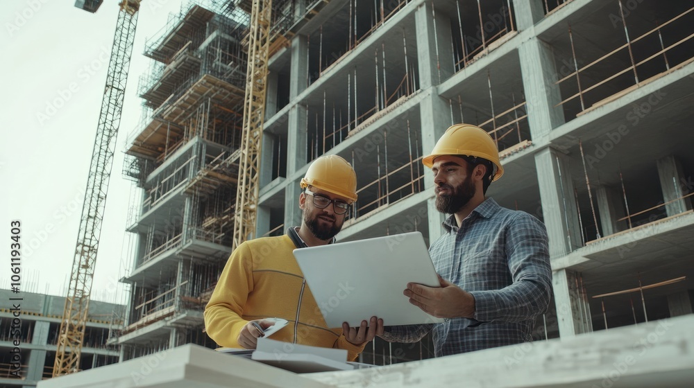 Two construction workers discussing plans at a building site with cranes in the background. Two construction workers discussing plans at a building site with cranes in the background.