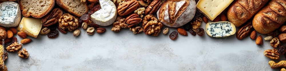 Artisan Bread and Nut Selection on Rustic Gray Background Featuring Baguette, Walnuts, Hazelnuts, and Peanuts for Bakery, Culinary, and Gourmet Enthusiasts Artisan Bread and Nut Selection on Rustic Gray Background Featuring Baguette, Walnuts, Hazelnuts, and Peanuts for Bakery, Culinary, and Gourmet Enthusiasts
