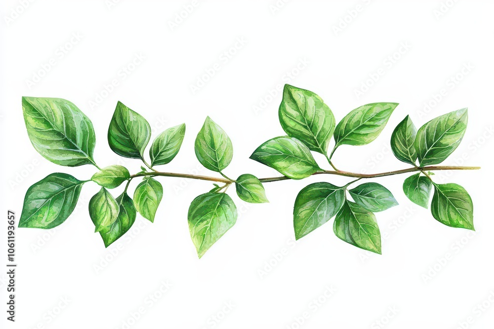 Vibrant green leaves on a branch, perfect for nature-themed designs, isolated on a white background. Vibrant green leaves on a branch, perfect for nature-themed designs, isolated on a white background.