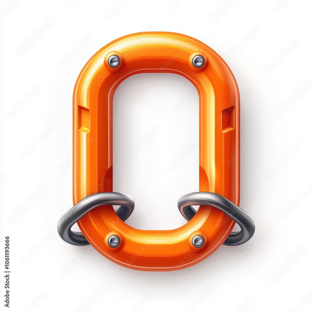 Vibrant orange carabiner with metal accents on a clean white background. Vibrant orange carabiner with metal accents on a clean white background.