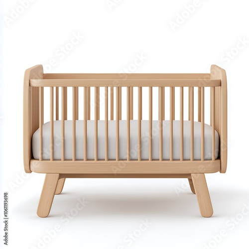 Wooden baby crib with rounded edges and short legs.