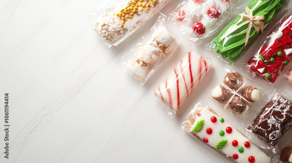 Festive Holiday Spread: Homemade Treats Wrapped in Cellophane with Decorative Ribbons and Copy Space Festive Holiday Spread: Homemade Treats Wrapped in Cellophane with Decorative Ribbons and Copy Space
