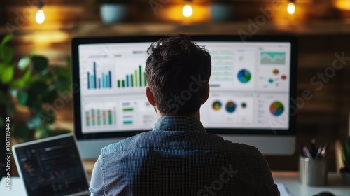 Data Analyst Reviewing Financial Charts and Graphs on Computer Screens