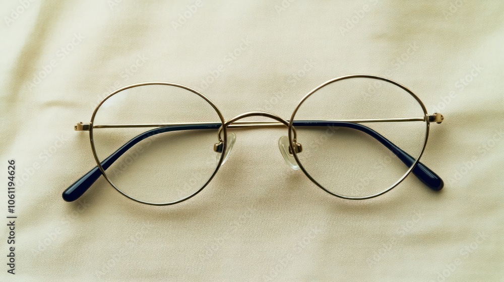 Gold-rimmed round eyeglasses on a textured beige surface Gold-rimmed round eyeglasses on a textured beige surface