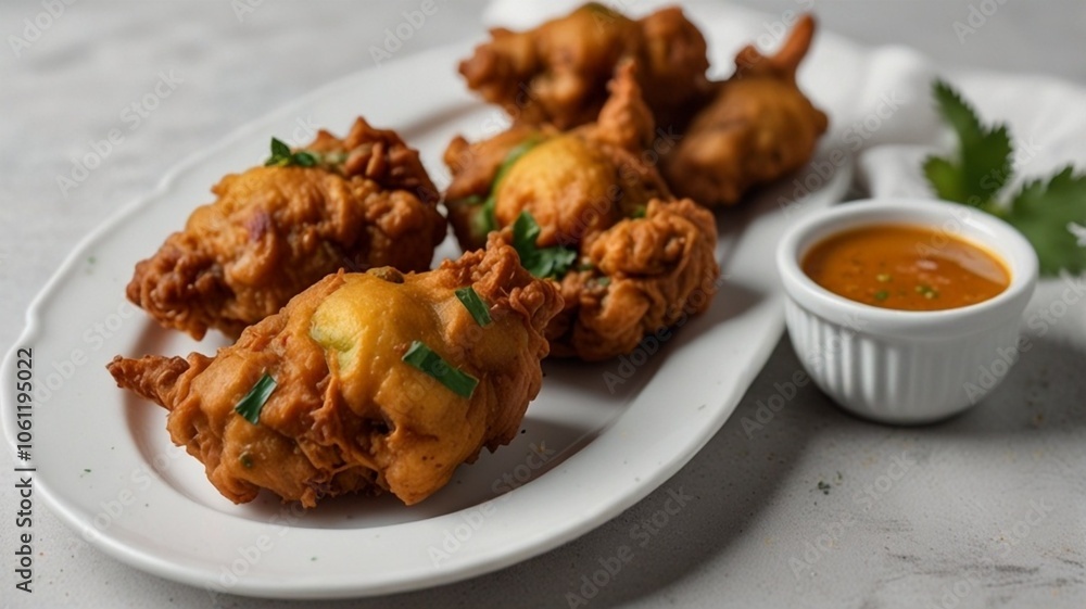 Pakora served on a white plate against a white Pakora served on a white plate against a white