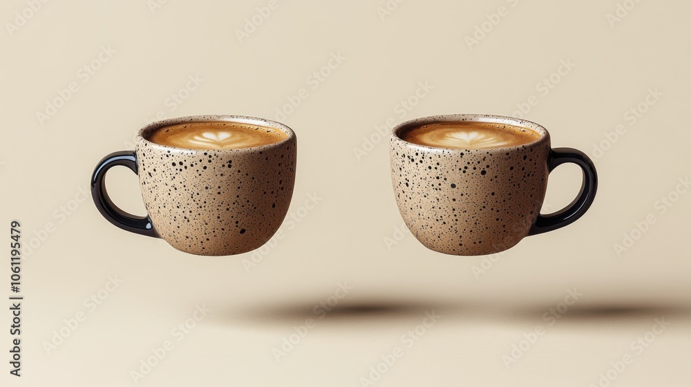 Two cups of coffee that are flying in the air Two cups of coffee that are flying in the air