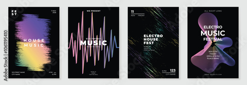 Music poster design background vector set. Electro Sound Cover template with vibrant abstract gradient geometric shape and line wave. Ideal design for social media, flyer, party, music festival, club.