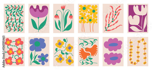 Botanical doodle background art vector set. Flower and leaves abstract shape doodle art design for print, wallpaper, clipart, wall art for home decoration.