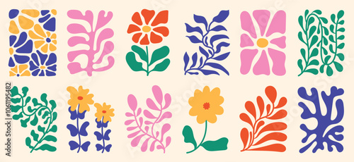 Botanical doodle background art vector set. Flower and leaves abstract shape doodle art design for print, wallpaper, clipart, wall art for home decoration.