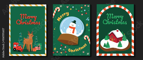 Merry christmas and happy new year greeting card vector. Decorative with Christmas trees, ornaments, lights, snow globe, reindeer, gifts. Design for holidays card, poster, cover, season, social media.