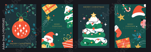 Merry christmas and happy new year greeting card vector. Decorative with Christmas trees, ornaments, santa, bauble ball, lights, gifts. Design for holidays card, poster, cover, season, social media.
