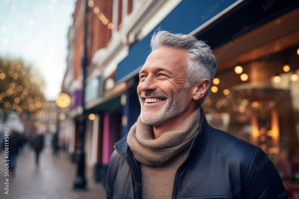 Handsome middle-aged man laughing and looking away while walking in the city Handsome middle-aged man laughing and looking away while walking in the city
